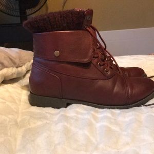 Maroon combat boots with knit details